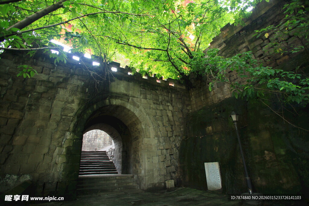 古石拱门与繁茂绿植