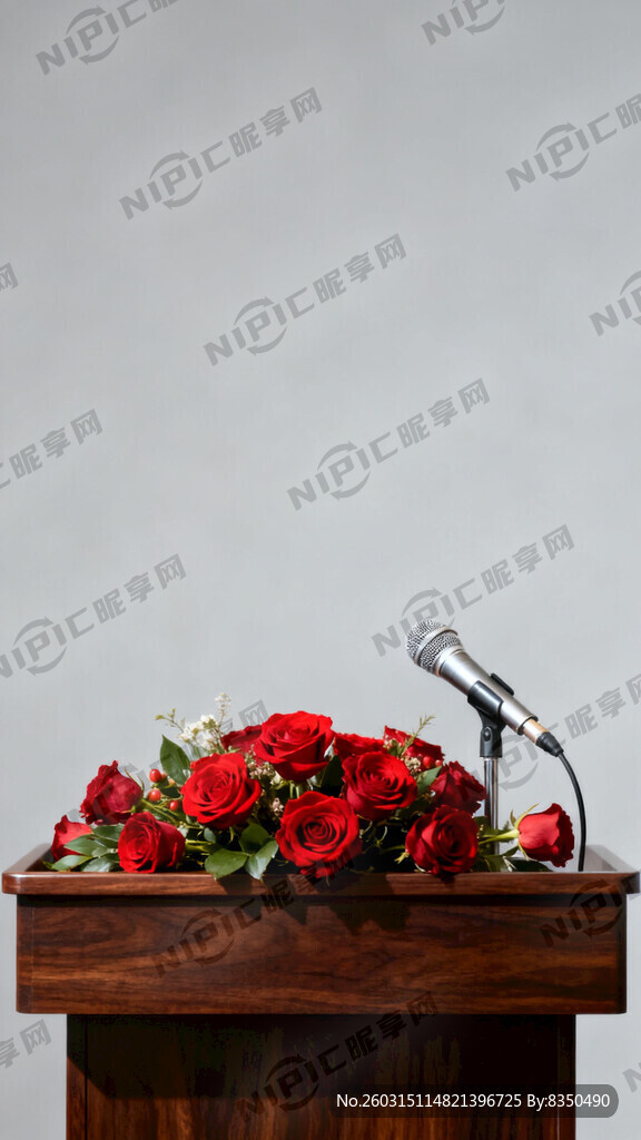 一张发言台 上面要有鲜花和话筒