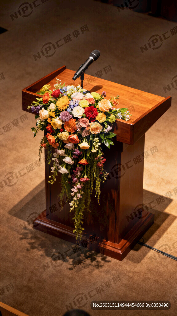 一张完整的发言台 上面要有鲜花