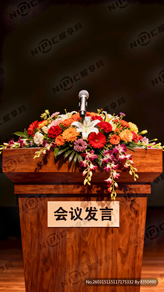 一张完整的发言台 上面要有鲜花
