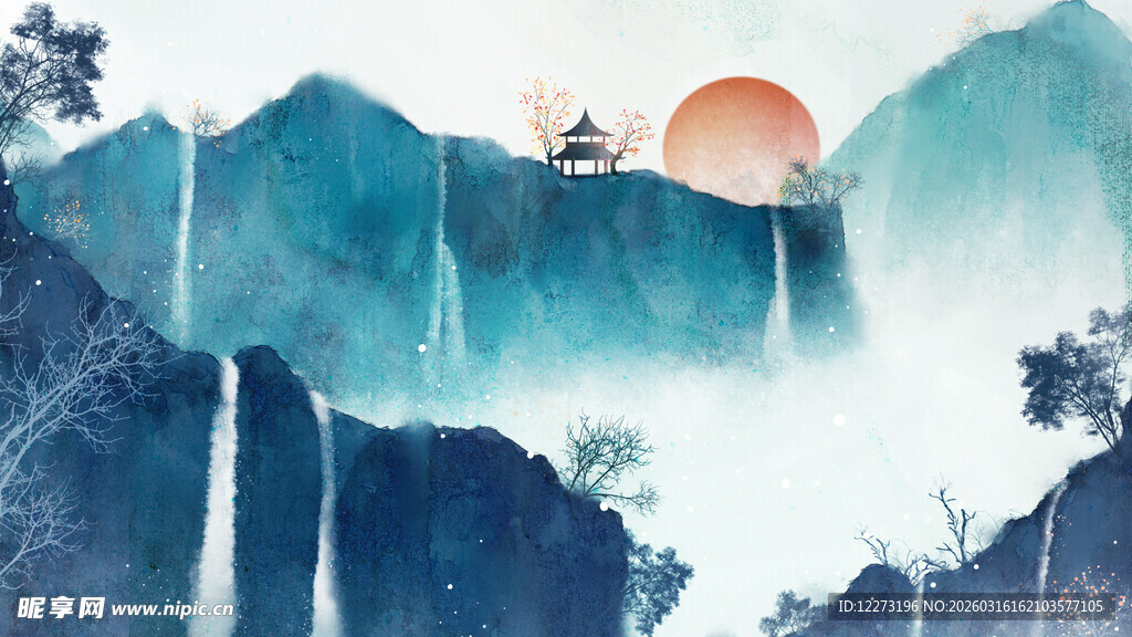 水墨山水间的孤舟落日