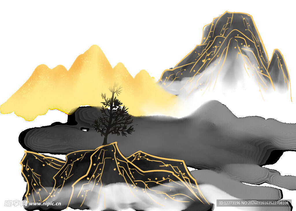 水墨金纹山水意境图