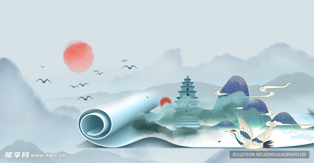 水墨山水卷轴意境图