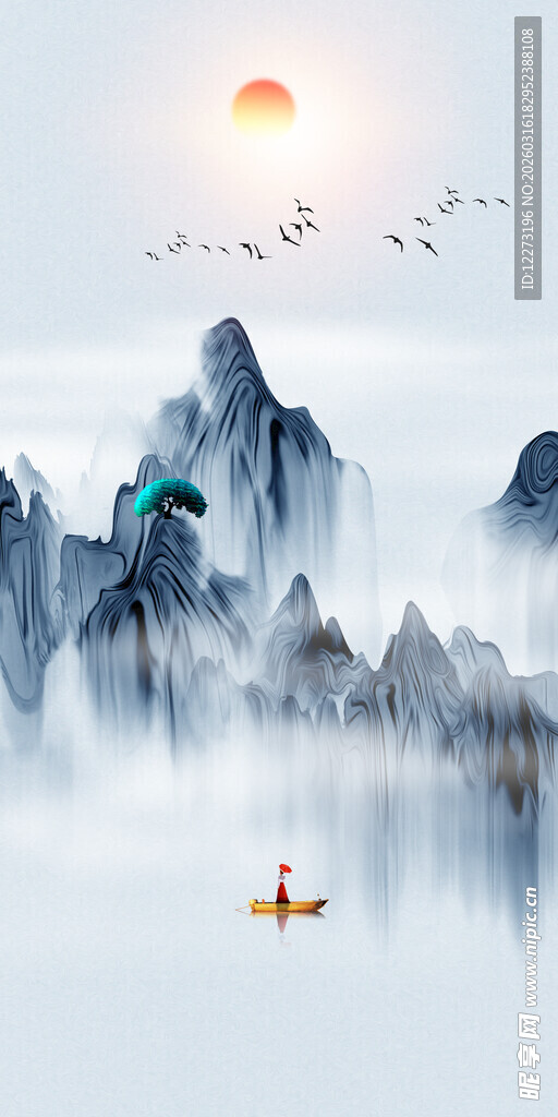 水墨山水间的孤舟行旅