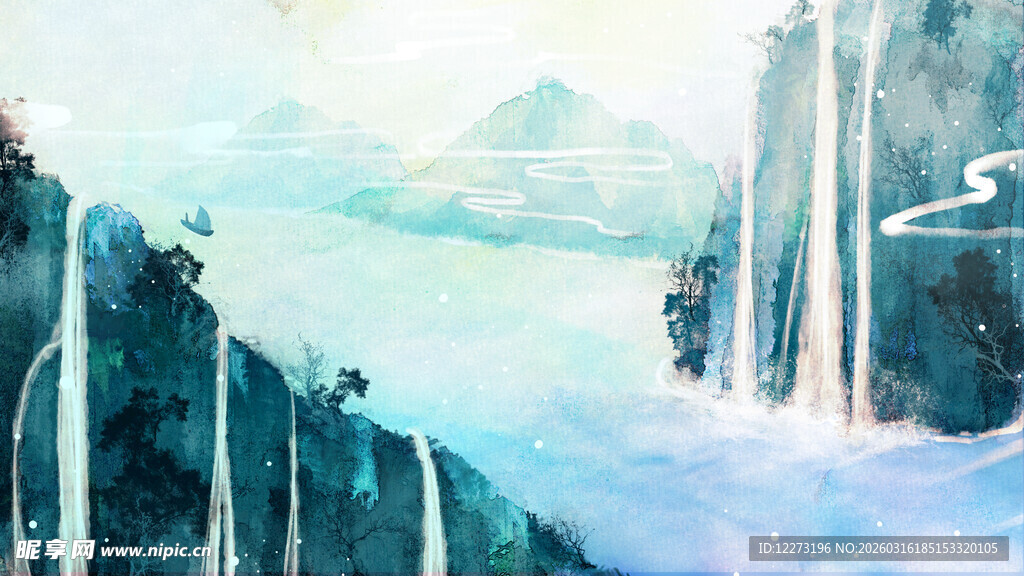 水墨山水间的秀丽瀑布景观