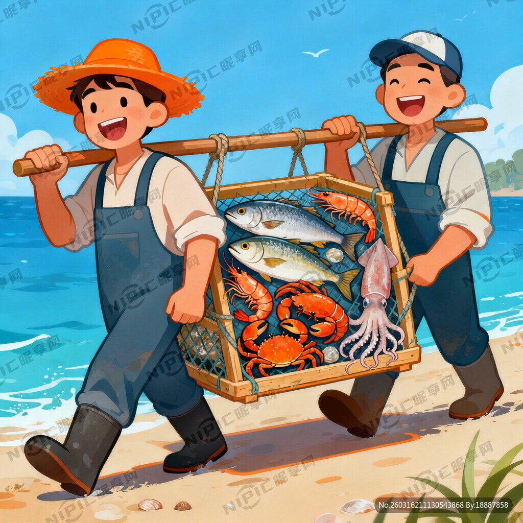 两个渔民扛着一个鱼框 有鱼 虾