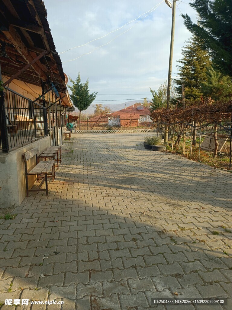 乡村小道旁的木质长椅