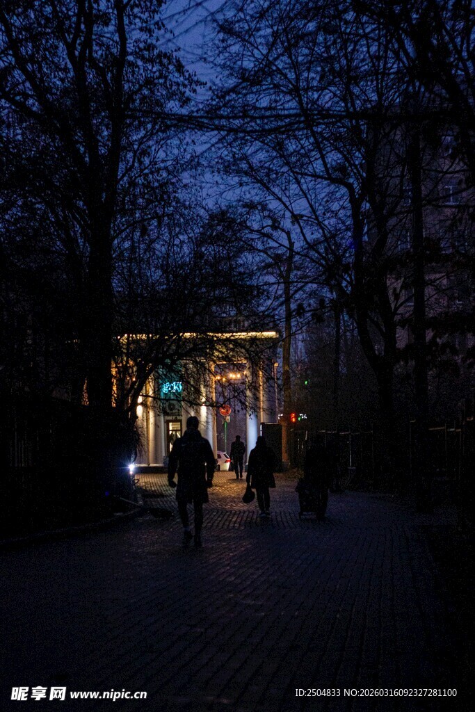 夜幕下公园中的温馨场景