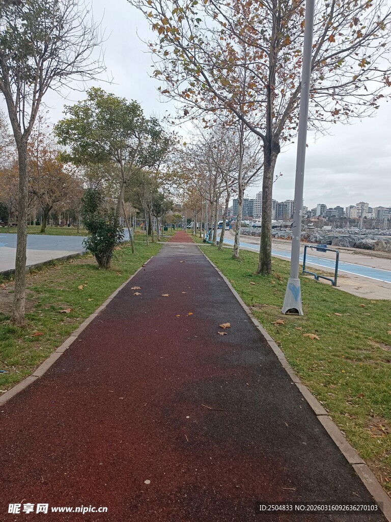城市红色步道的静谧景致