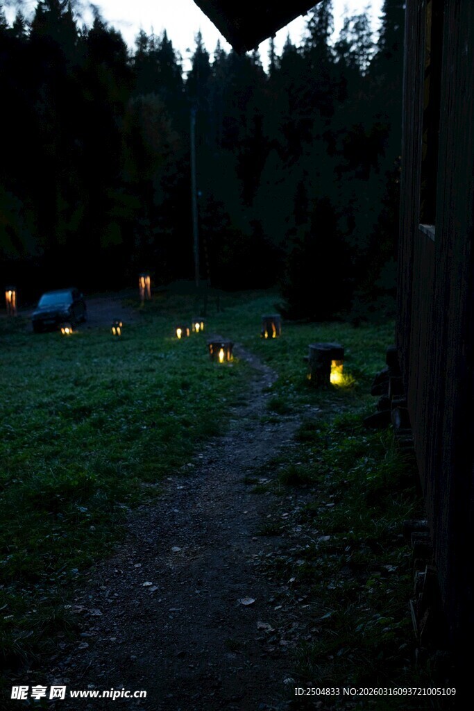 夜幕下的林间露营小径
