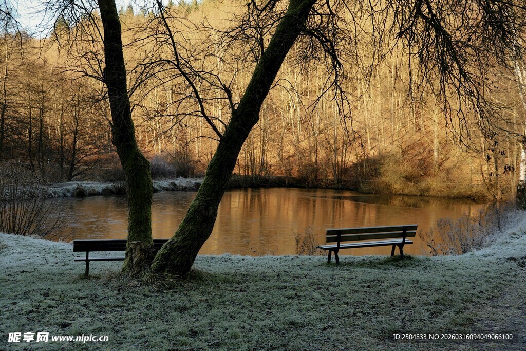 湖畔冬景 长椅静立