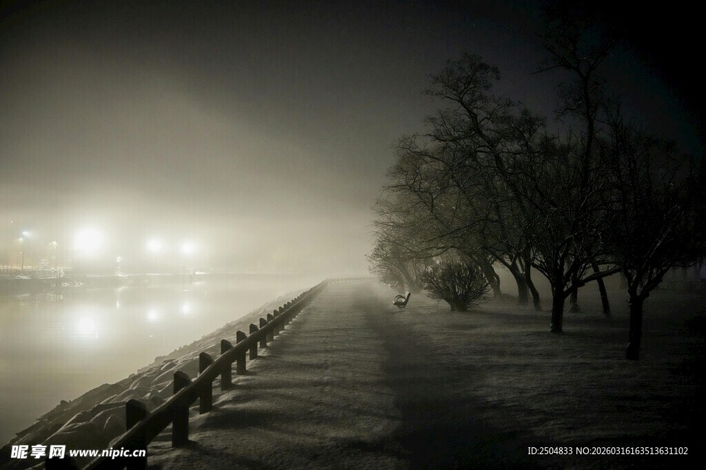 雪夜湖畔 静谧清冷之景