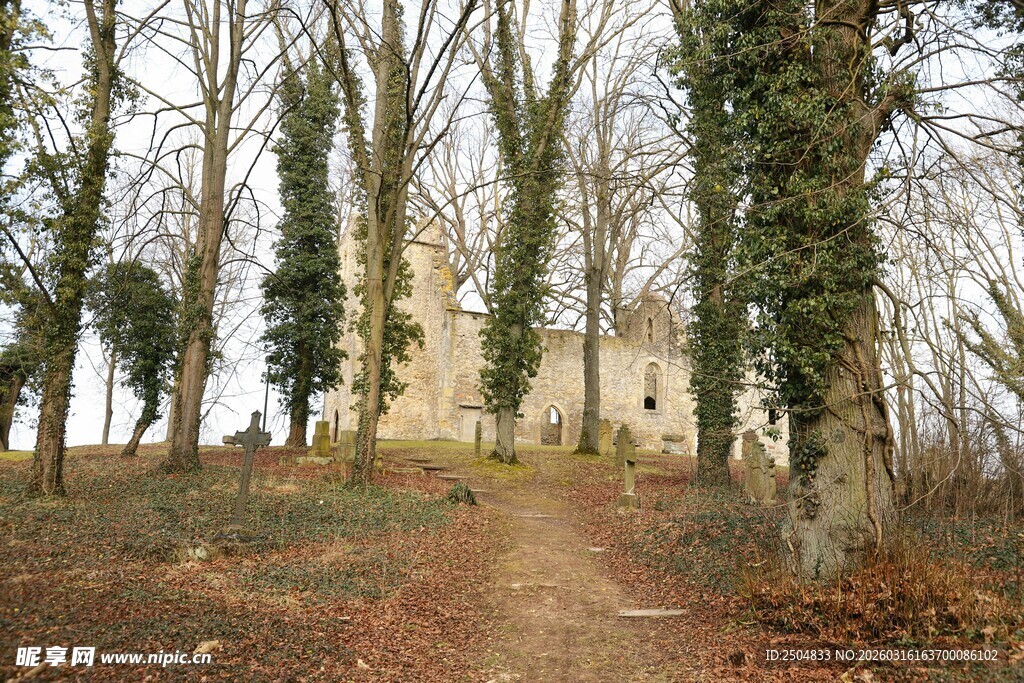 林间小径通往古老建筑