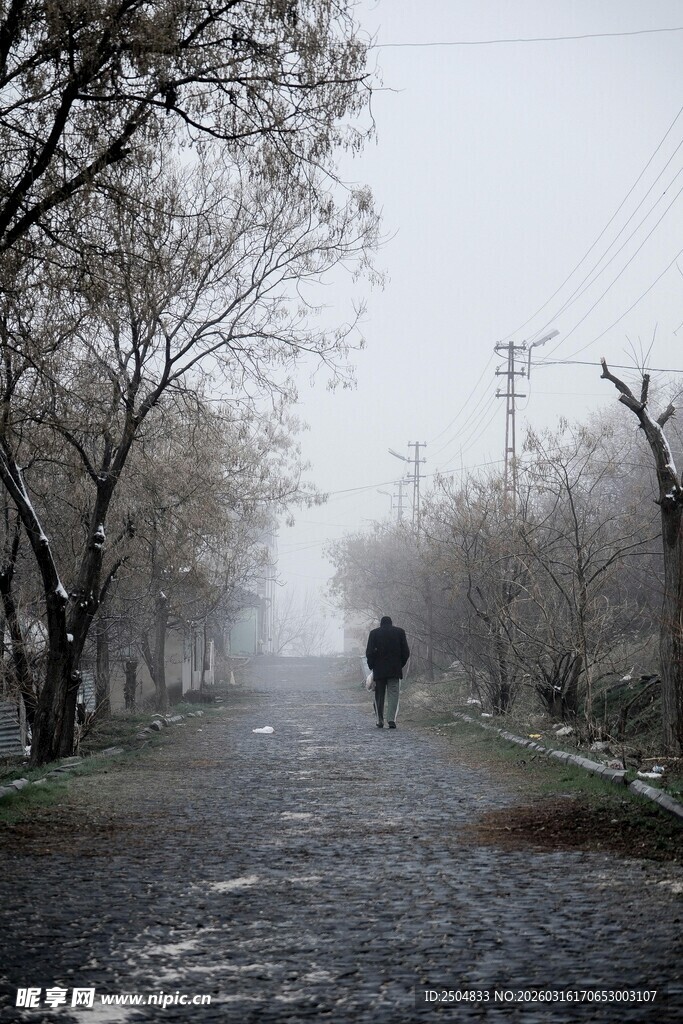 雾中乡间小道行人漫步
