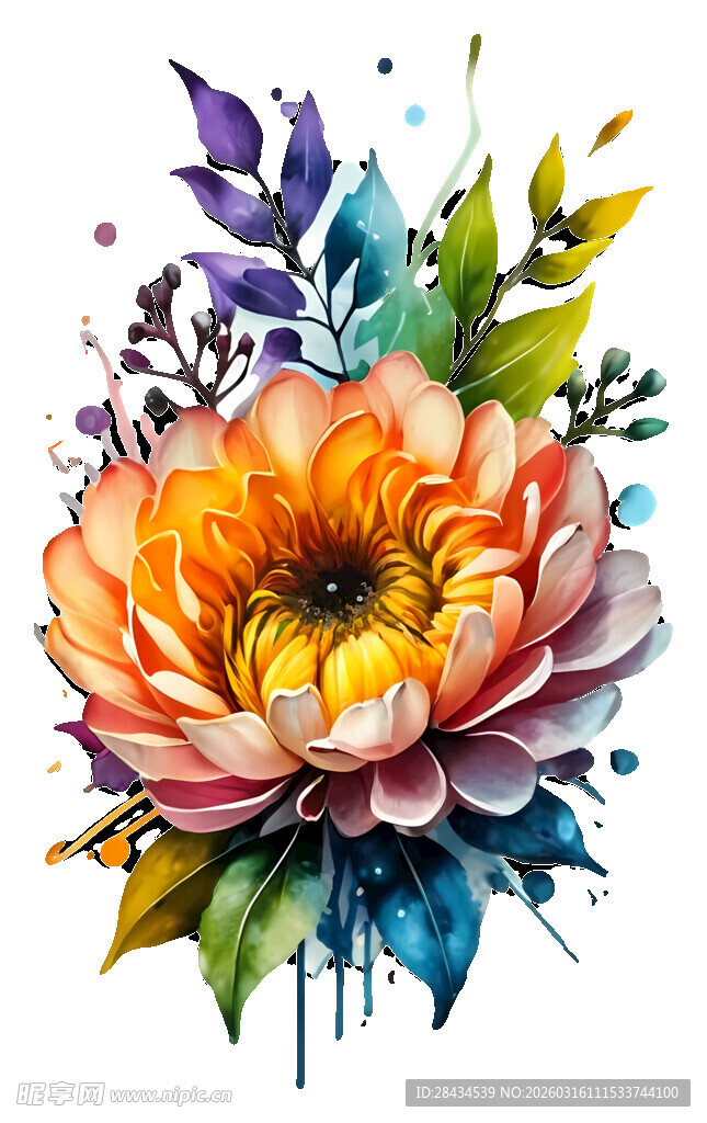 水彩绘多彩艳丽花朵