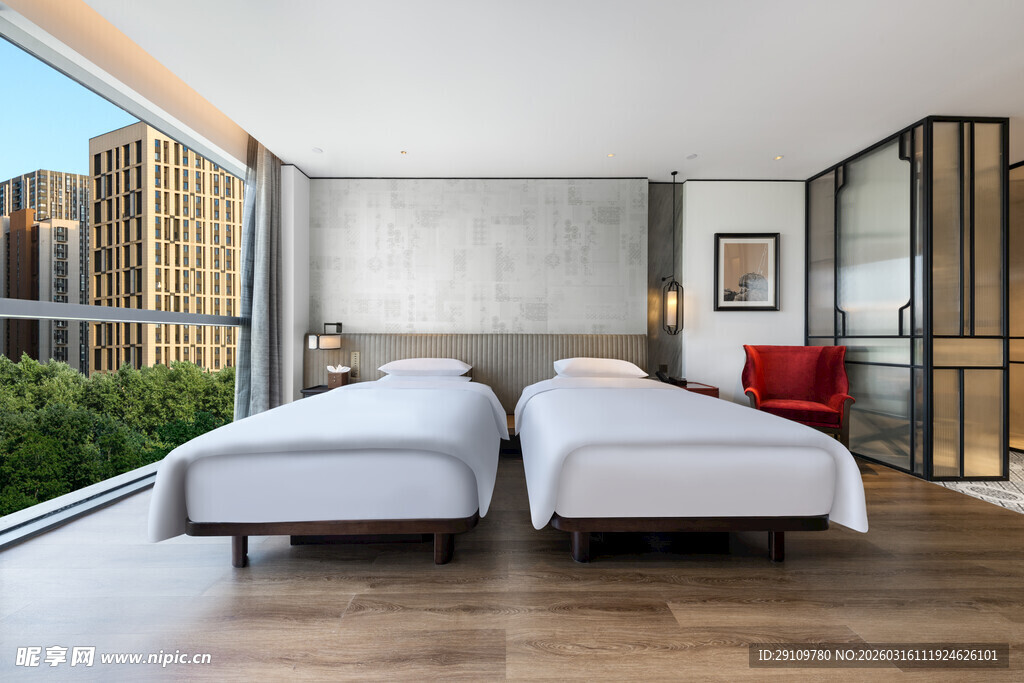 现代简约双床卧室美景