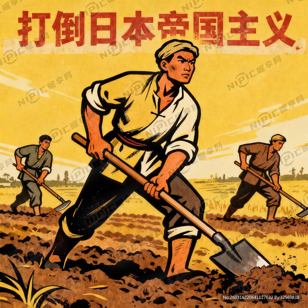 连环画土地上农民拿起锄头铁锹抗