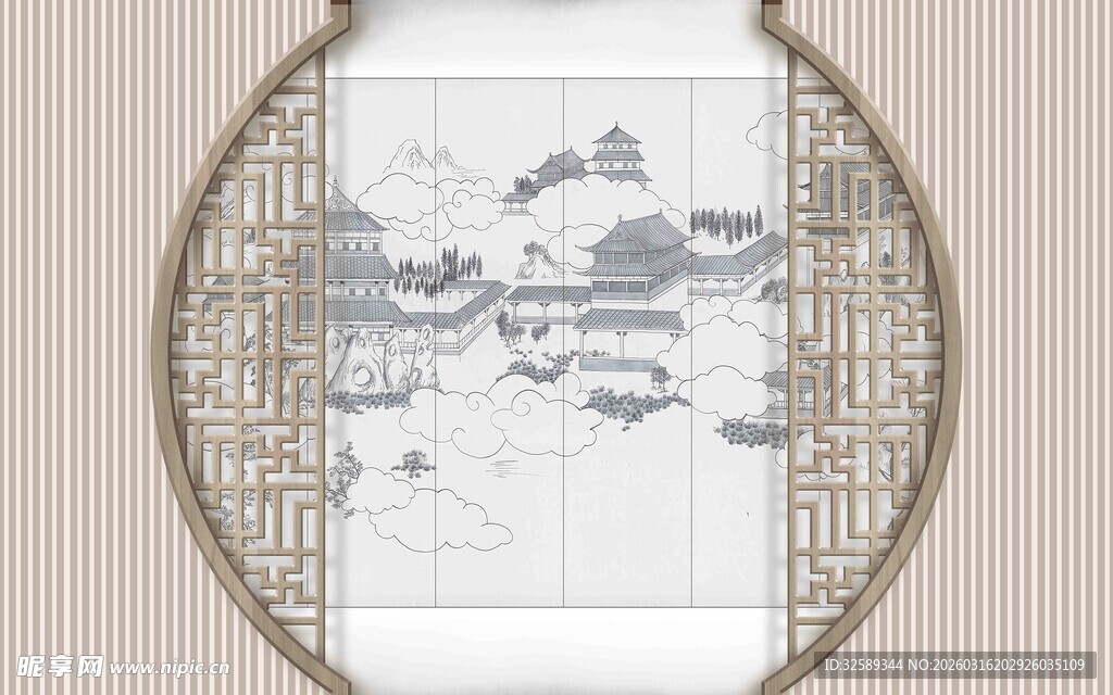 中式圆形窗景山水画