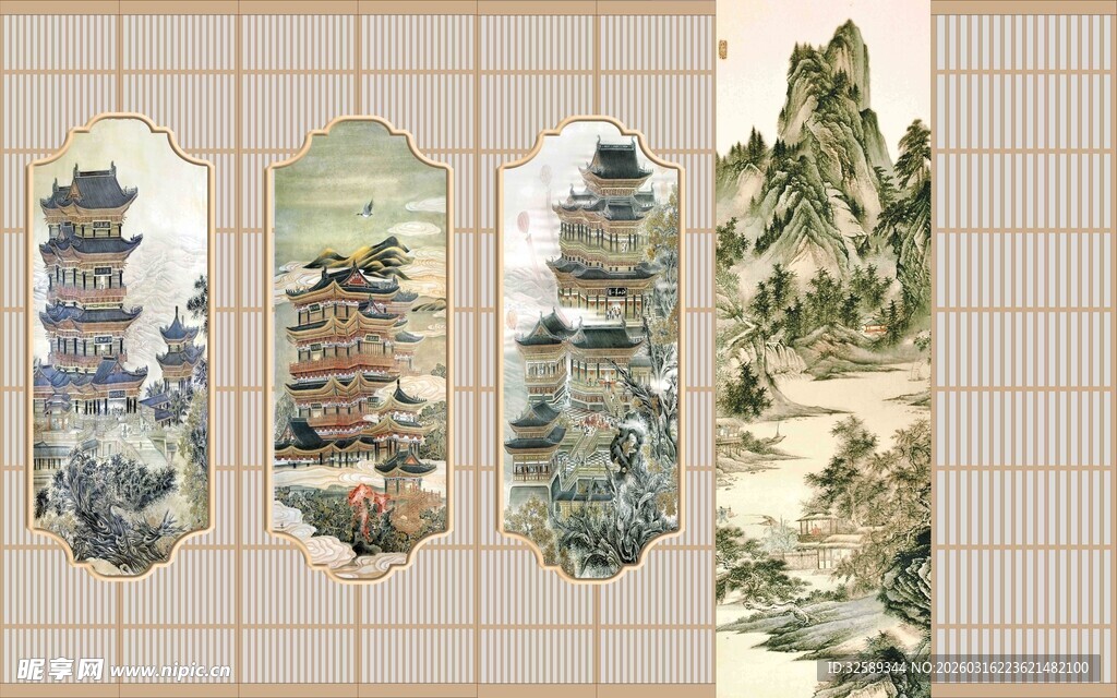 中式山水屏风装饰画