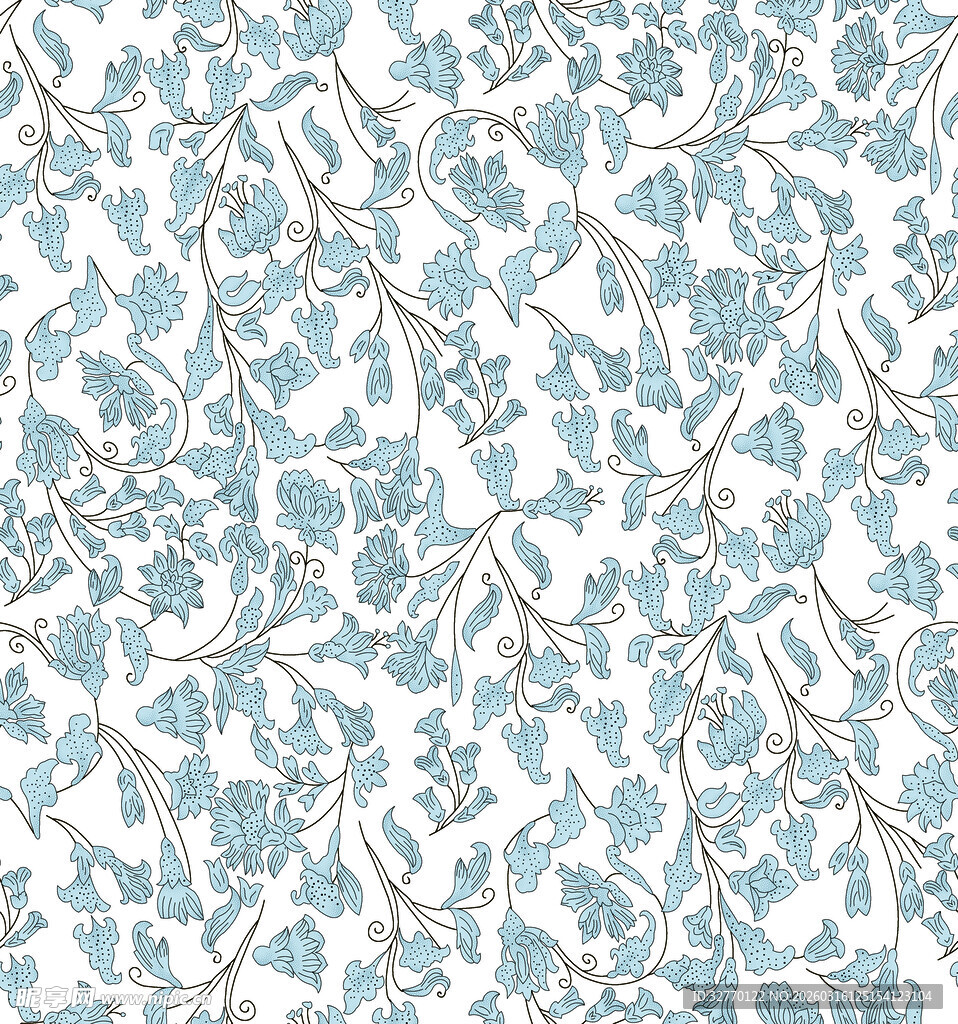 蓝白花卉植物无缝图案