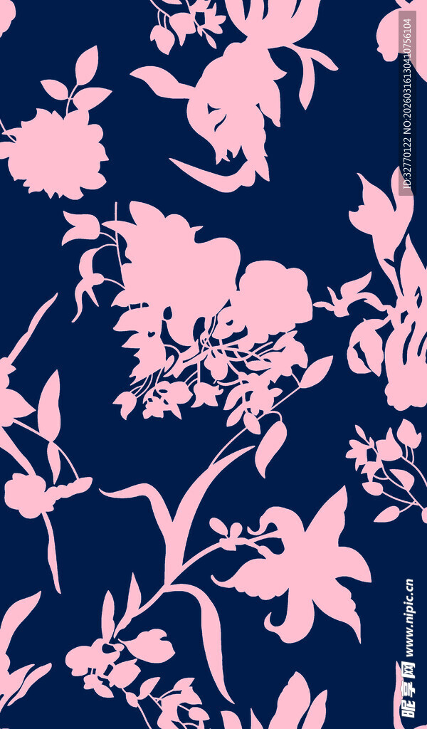 深蓝底粉色花卉图案