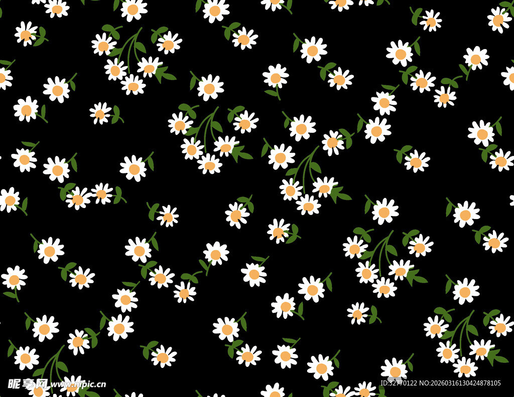 黑色背景上的小雏菊图案