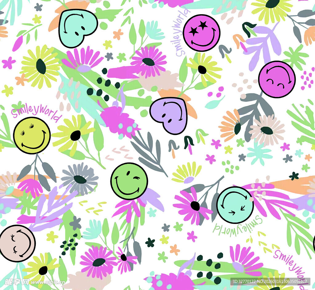 多彩卡通花卉笑脸图案