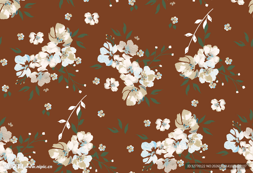 棕色底白花花卉图案