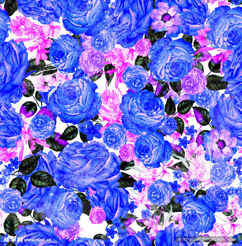 蓝粉花卉碎花 数码印花