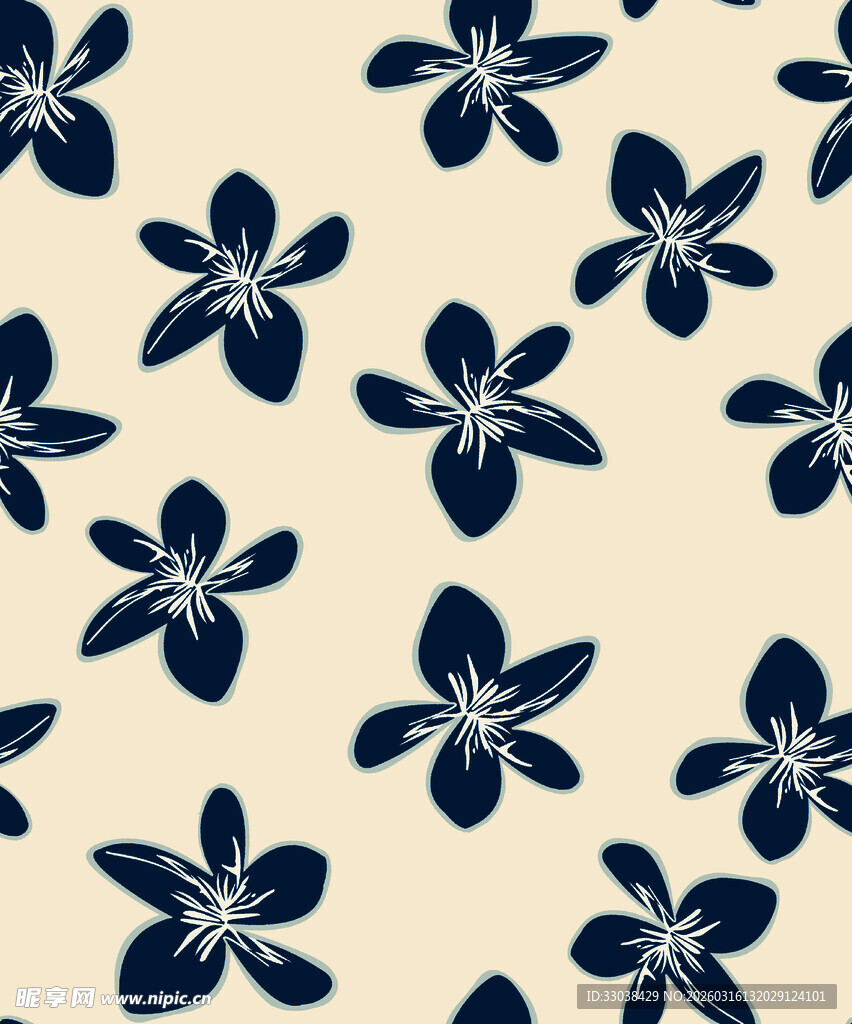 蓝花米色底简约花卉图案