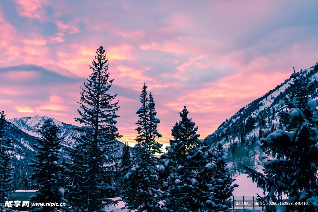 雪后山林的绚烂黄昏
