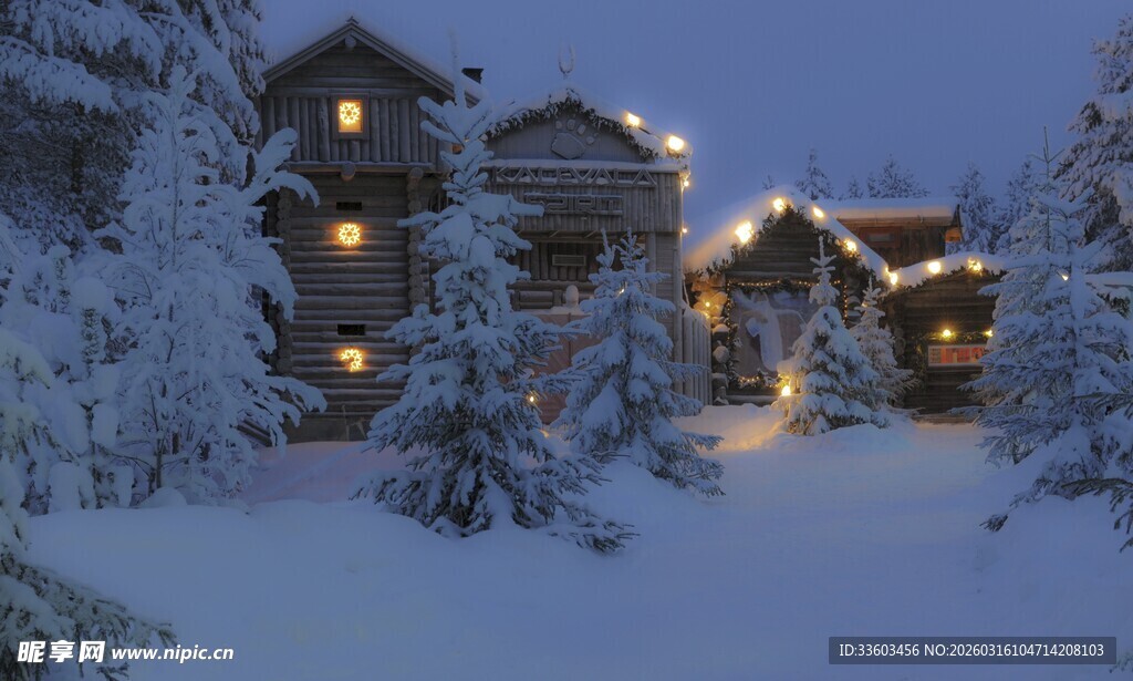 雪夜中的温馨木屋景观