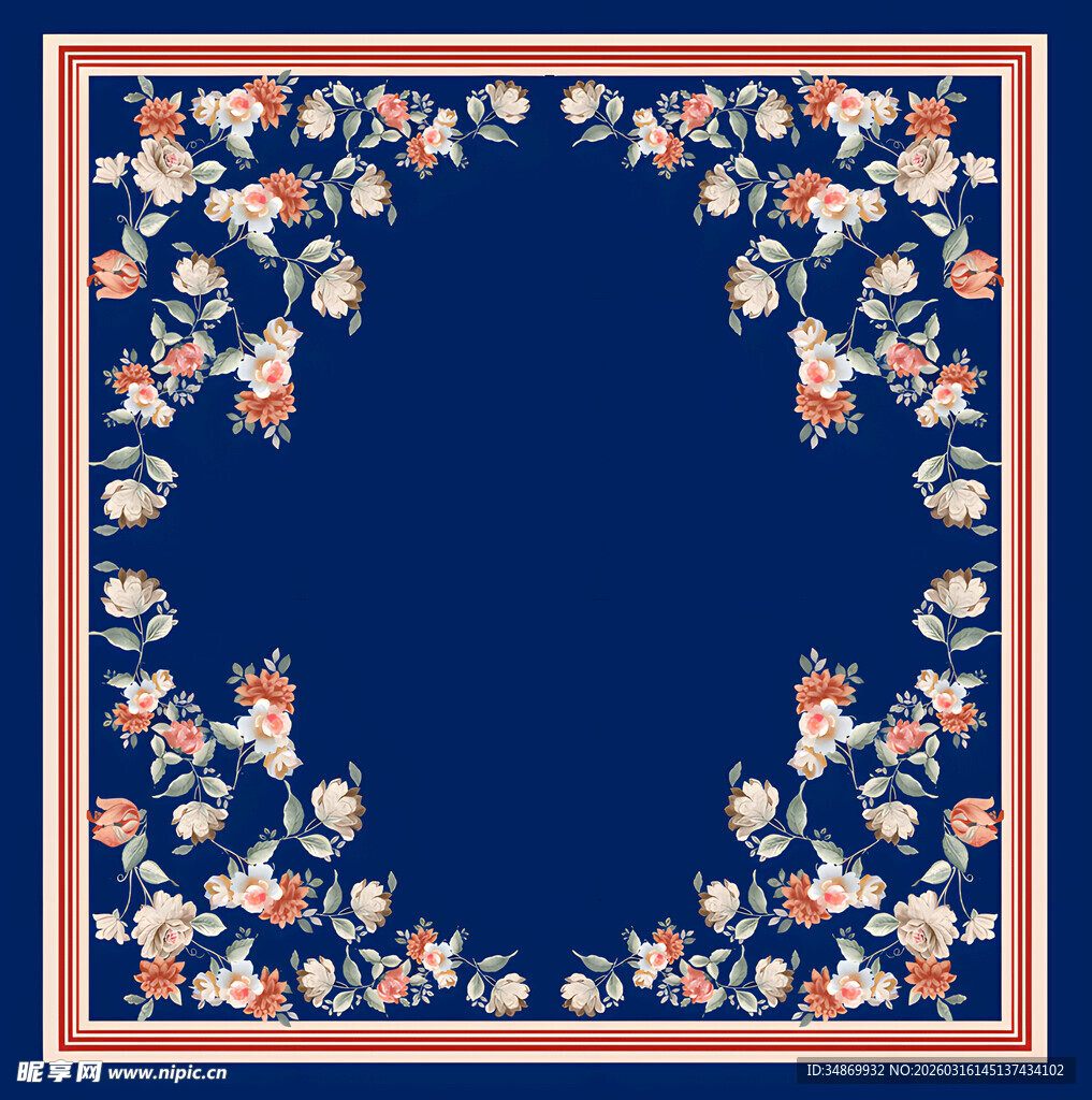 中式花卉边框蓝色底纹图案