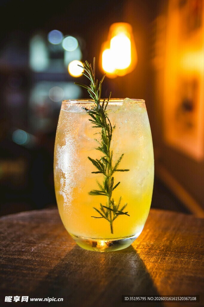 迷迭香装饰的清爽鸡尾酒