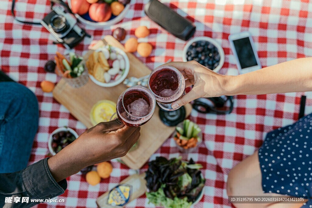 户外野餐中的欢乐碰杯时刻