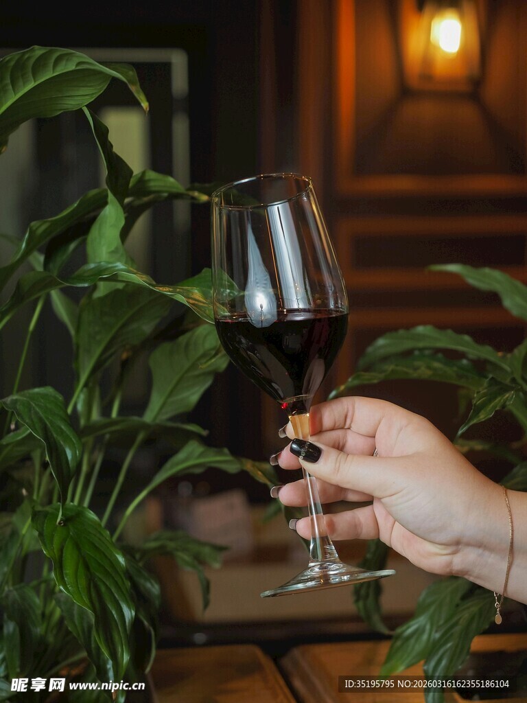 手持红酒杯在绿植环绕间