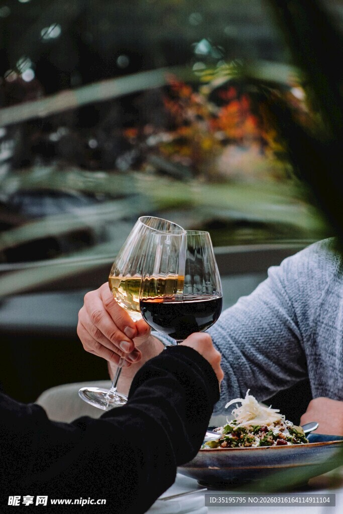 两人优雅举杯享美食美酒
