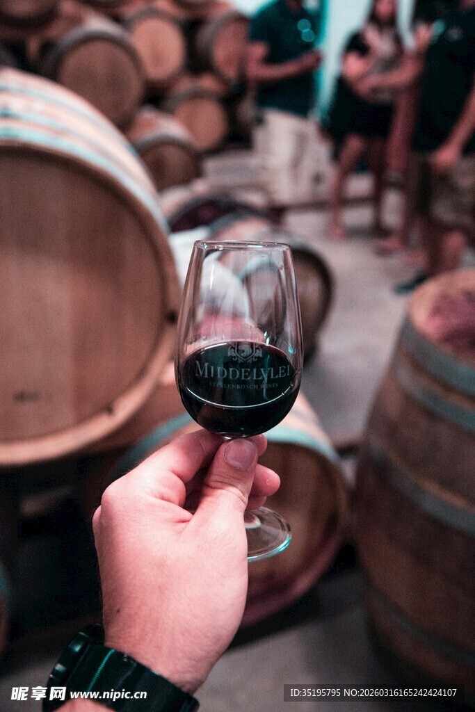 手持酒杯赏橡木桶美酒