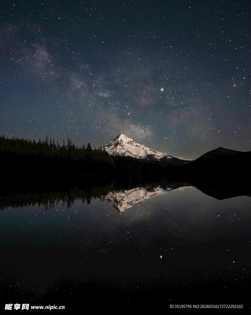 夜空下的雪山与静谧湖水