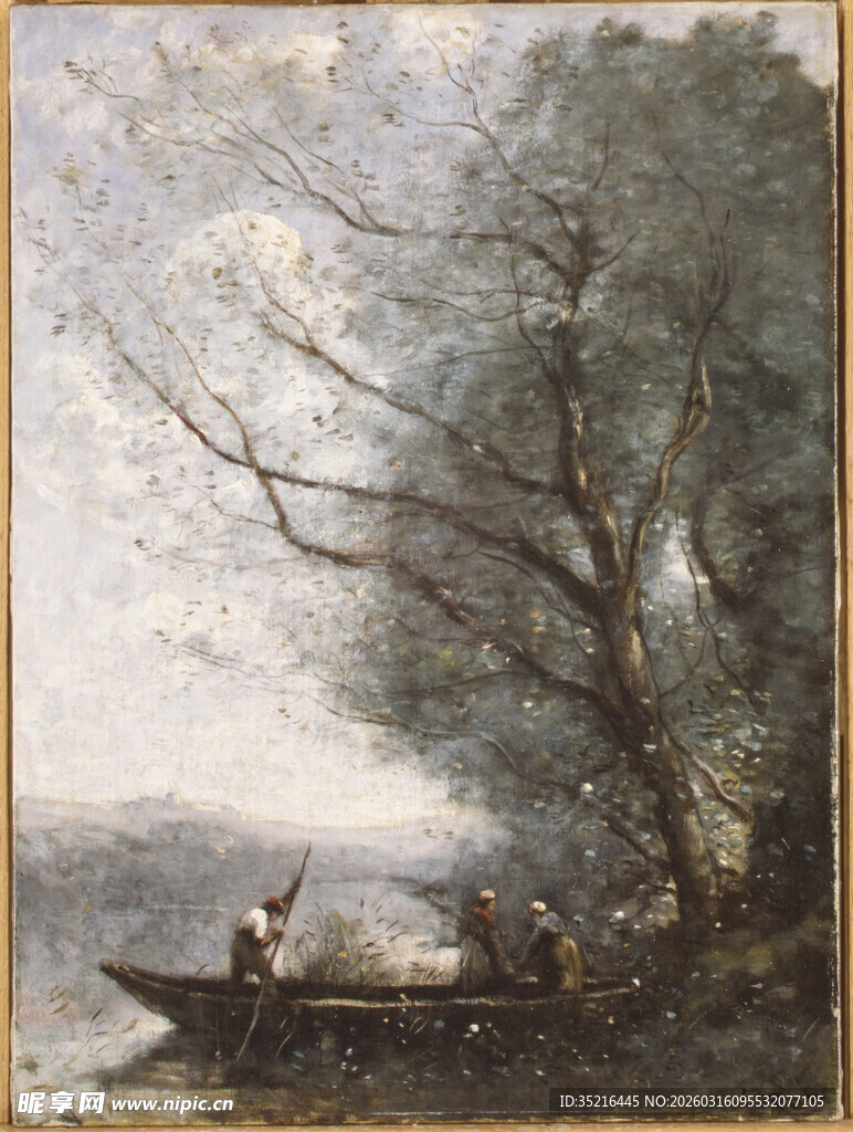 河畔小船风景油画