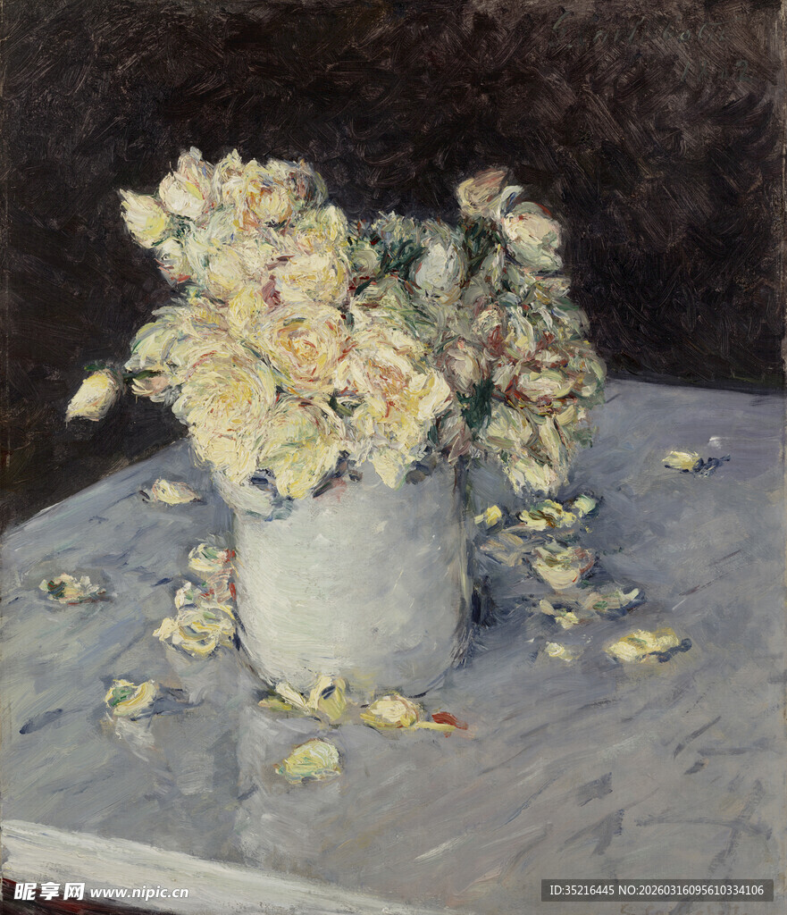 花瓶中的黄白花卉静物画