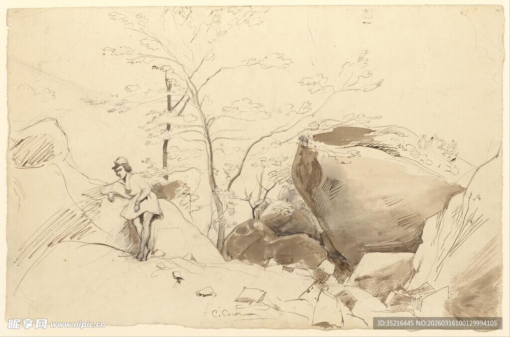 古典风景素描场景画面