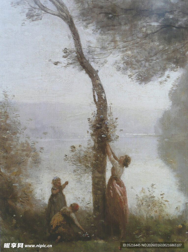 湖畔树下人物风景画作