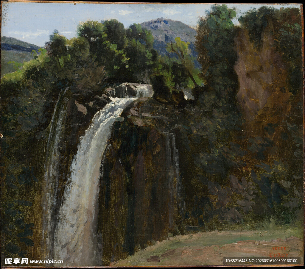 油画中的壮美山间瀑布