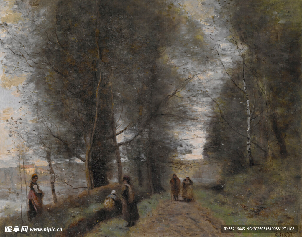 林间漫步油画场景