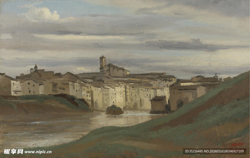 河畔古老建筑风景图