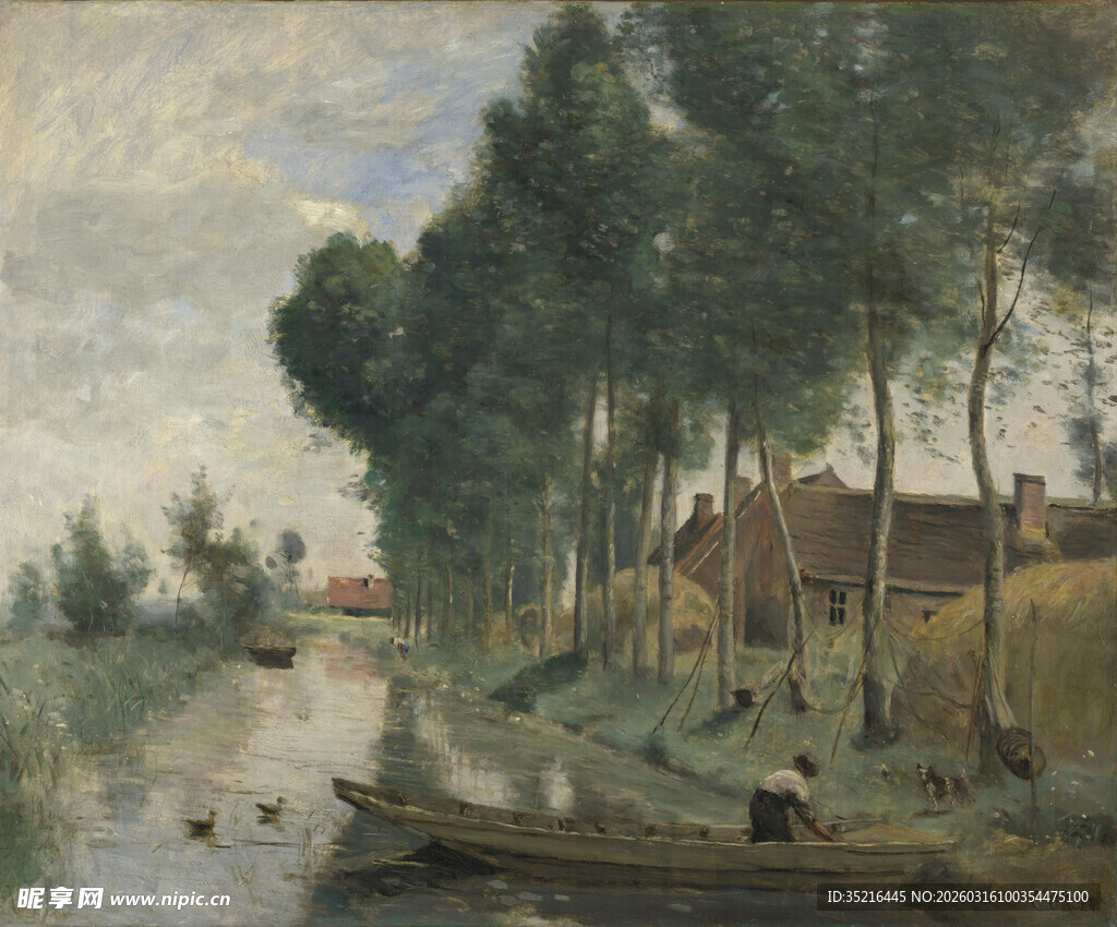 河畔树林乡村风景油画