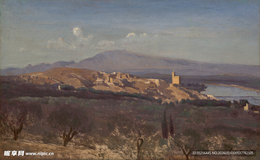 风景油画中的远山与建筑