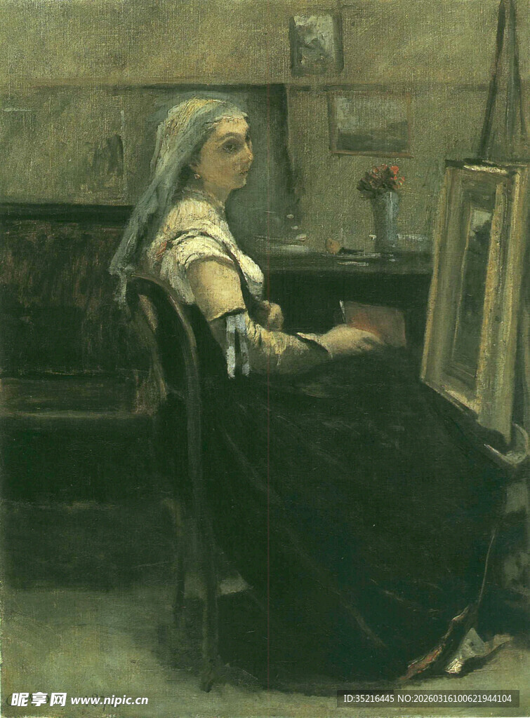 坐在画架前的女子
