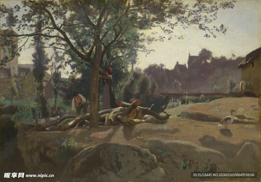 乡村野外劳作场景油画